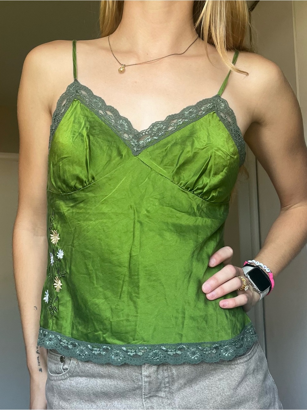 Daisy Fuentes Green Lace-Trim Silk Cami